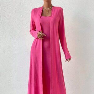 Pink Casual Womens Solid Cami Dress & Open Front Coat